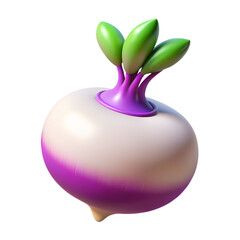 Digital rendering of a cartoon turnip with green leaves and purple accents