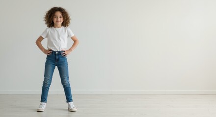 Young girl posing confidently with hands on hips in empty room  