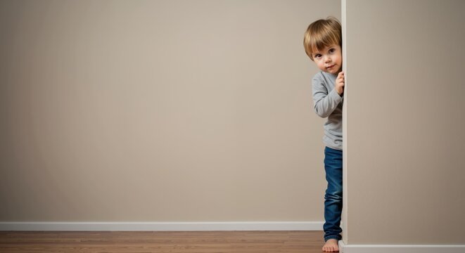 Curious young boy peeking around corner in minimal interior setting  