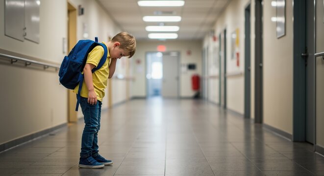 Young boy looking down with backpack in empty school hallway  