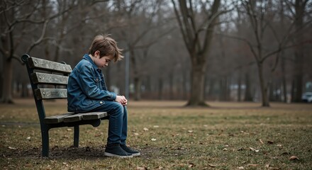 Young boy sitting alone on a bench in a park during winter  