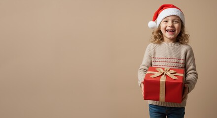 Fototapeta premium Cheerful girl wearing Santa hat holding Christmas gift box 