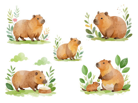 watercolor Cute capybara character, set of cartoon style illustrations baby cute