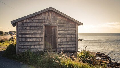 Weathered wooden shack near the sea, illuminated by warm sunlight. Peaceful and aged
