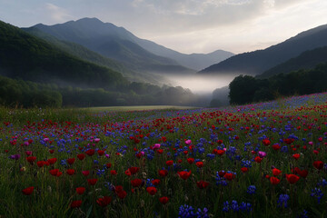 Fototapeta premium Colorful wildflower meadow under a misty mountain panorama at sunrise