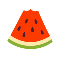 Bite taken out of a watermelon slice, vibrant and juicy with visible seeds.