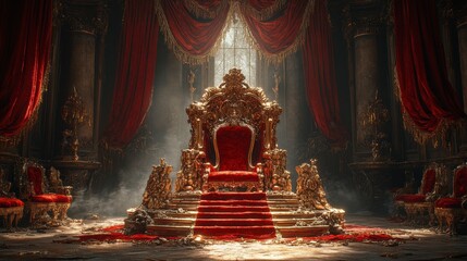Gilded throne room Opulent gold throne stands with regal red drapery