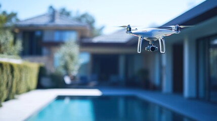 Fototapeta premium Drone flying over a residential pool area.