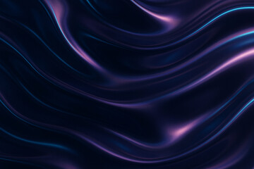 Flowing chrome surface with high-gloss finish in midnight blue and lavender, gentle folds and reflective highlights with subtle neon edge glow, abstract futuristic composition