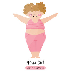 Plus size yoga overweight yoga cute woman yoga pose vector illustration