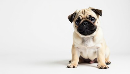 Obraz premium Playful pug puppy posing, pure white backdrop, closeup, background, small dog