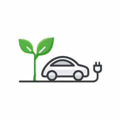 Electric car connected to a plug beside a green plant symbolizing eco-friendly transportation.