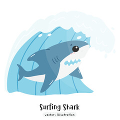 Cute Shark surfing on surfboard with ocean wave vector illustration