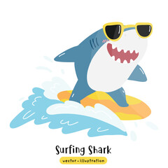 Cute Shark surfing on surfboard with ocean wave vector illustration