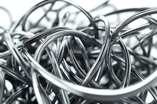 Tangled Metallic Wires in a Complex Arrangement, Close-up View of Interconnected Loops