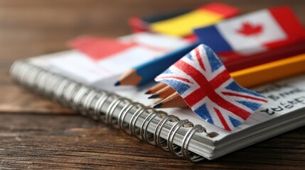 Learning Languages Colorful Flags on Spiral Notebook with Pencils