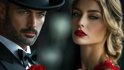 Stylish couple with man in suit & woman in red dress - Powered by Adobe