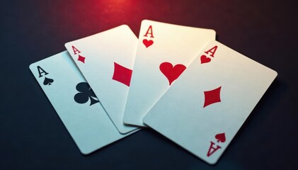Fototapeta premium Four aces spread on a table, forming a square , four of a kind, gambling, high card