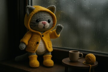 handmade grey crochet cat sitting by a window, dressed in a yellow raincoat and matching rain boots