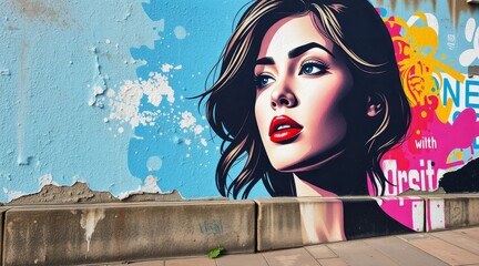 Colorful street mural of a woman's face with vibrant urban elements on a textured wall