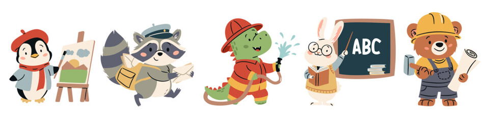 A set of flat vector illustrations in a simple children's style. Animals for teaching children professions. Penguin painter, bear builder, dinosaur fireman, rabbit teacher and raccoon letter carrier © Alena