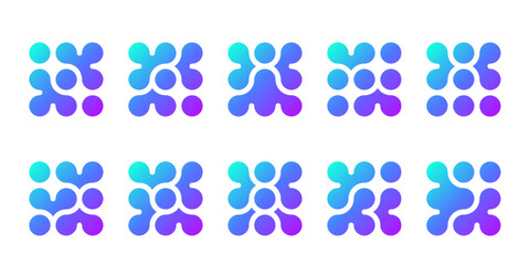 Abstract connected circles and dots icon. Integrate innovate logo, vector technology shape. Neuron Nano molecula, artificial brain symbol. Network science data, metaball design. Organic medical liquid