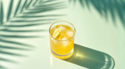 Minimal sunny composition with glass of lemonade and ice cubes