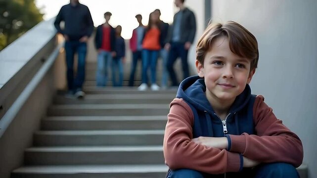Happy young boy sitting on the steps in school, students in the background