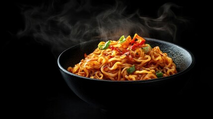Delicious hot instant noodles in a dark bowl with steam rising.