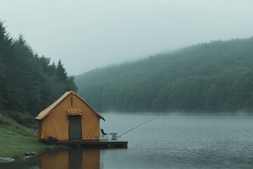 Fototapeta premium Fishing on a serene lake by a camper during daylight hours