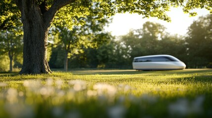 Futuristic vehicle on green field in sunlight sustainable transportation concept