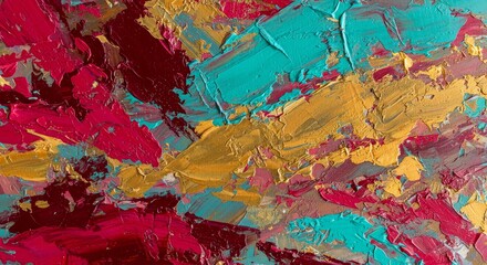 Abstract Textured Painting with Bold Brushstrokes Gold Turquoise and Red Colors