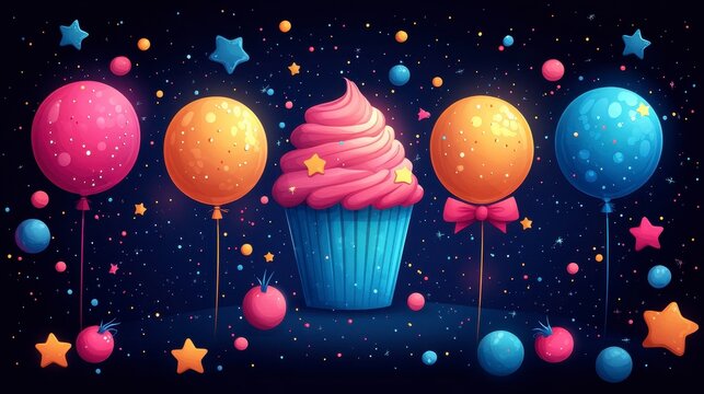 Playful scene with balloons, cupcake, and stars on dark background