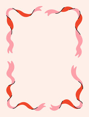 Coquette frame of cute pink ribbons. Flat design trendy border template. Preppy decor. Vintage background for greeting cards, invitations