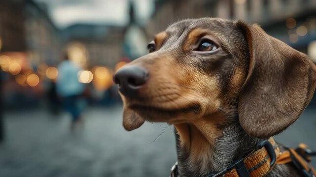 Close-up of a dachshund in front of a city square with blurred lights. The dog looks around