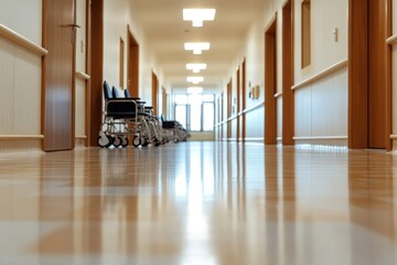 Empty hospital corridor with wheelchairs and polished floors interior design