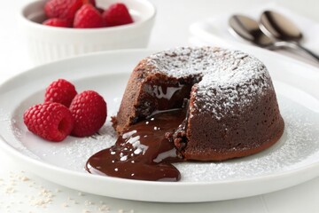 Molten chocolate lava cake with fresh raspberries