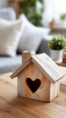 Miniature wooden house model standing on coffee table in living room. Home is where the heart is.
