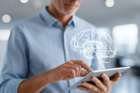 Businessman using digital tablet computer with hologram of a human brain representing AI innovation in artificial intelligence