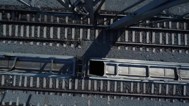 Cargo train passing under metal bridge on parallel railway tracks


