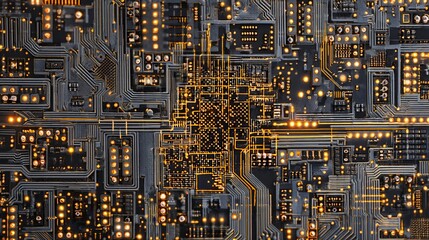 Futuristic Quantum Computer Electronic Circuitry with Glowing Lights