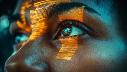 Digital Eye Exam Woman s Face With Projected Binary Code Highlighting Ophthalmology Technology
