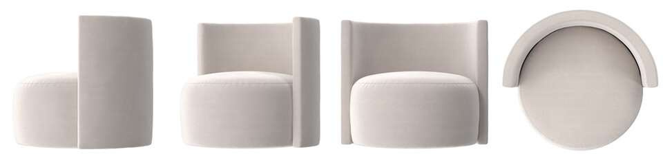 beige round back lounge chair multiple view isolated.