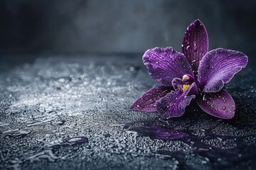 Dark purple orchid flower with water droplets on a textured surface.