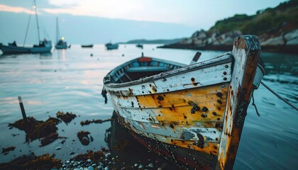 Worn rowboat ashore, its weathered paint telling tales of the sea against a hazy coastal backdrop