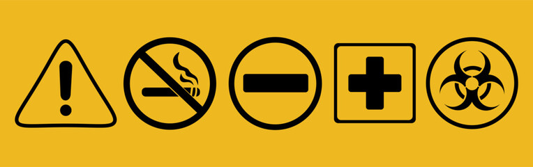 Set of Industrial Safety and Warning Icons in Yellow and Black