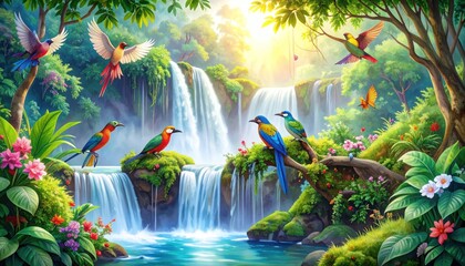 Lush, vibrant jungle scenery with cascading waterfalls and colorful birds in flight