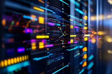 Naklejka premium Abstract digital data flow with vibrant colors and server background.