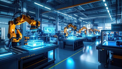 Naklejka premium Factory floor with robotic arms operating on lit workbenches, overhead lighting, clean