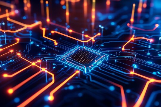 Digital circuit board with glowing connections and vibrant colors.